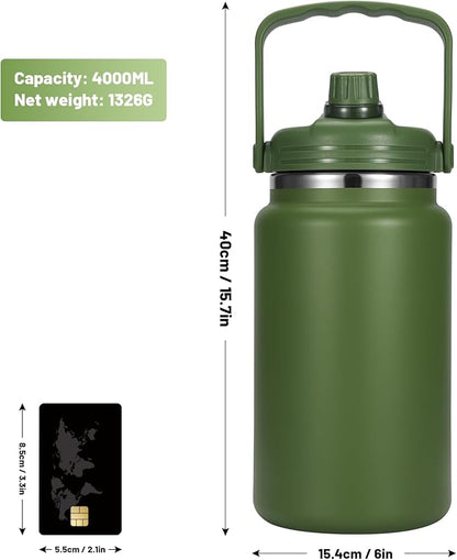 1 Gallon Thermosflask with Straw, 135oz Stainless Steel Insulated Water Bottle，4L Oversized Double Wall Vacuum Jug with Handle for Hot Cold Drinks, Wide mouth Icebuckets for Hiking Sports(Green)