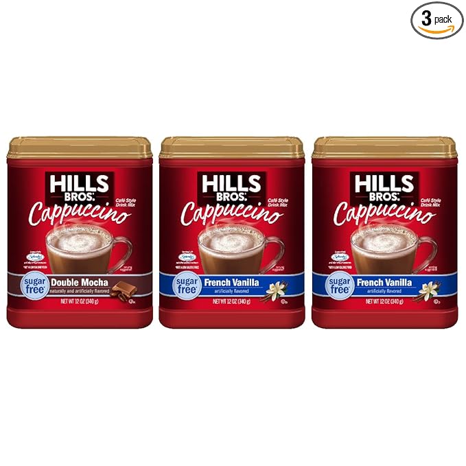 Hills Bros. Cappuccino Mix – Rich, Frothy Coffeehouse-Tasting Instant Drink Mix – Quick & Easy Preparation – Perfect for Hot & Iced Drinks & Creaming Coffee – Sugar-Free Variety Pack, 3 Packs of 12oz