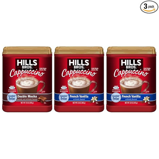 Hills Bros. Cappuccino Mix – Rich, Frothy Coffeehouse-Tasting Instant Drink Mix – Quick & Easy Preparation – Perfect for Hot & Iced Drinks & Creaming Coffee – Sugar-Free Variety Pack, 3 Packs of 12oz