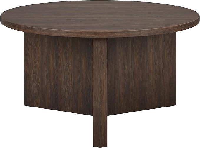 Henn&Hart 32" Round Wood Pedestal Coffee Table for Living Room, Family Room, Office, or Apartment, Alder Brown