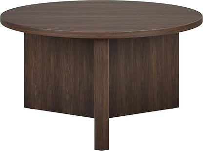 Henn&Hart 32" Round Wood Pedestal Coffee Table for Living Room, Family Room, Office, or Apartment, Alder Brown