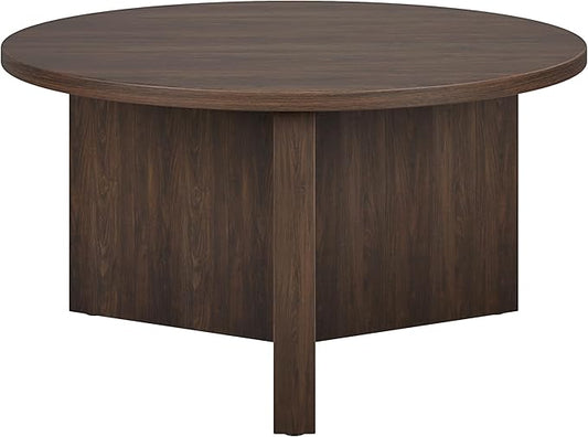 Henn&Hart 32" Round Wood Pedestal Coffee Table for Living Room, Family Room, Office, or Apartment, Alder Brown