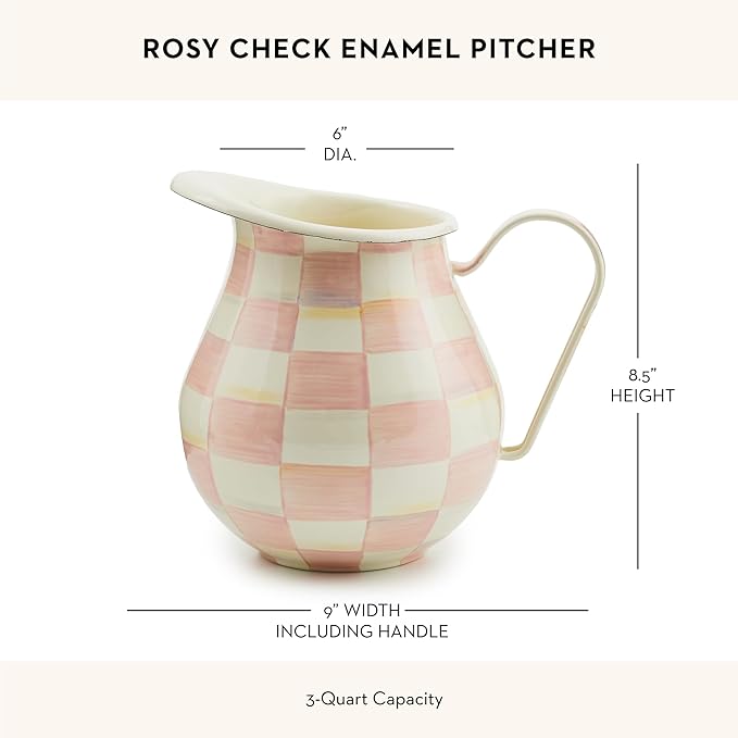 MACKENZIE-CHILDS Enamel Pitcher with Spout for Water, Cut Flowers, and Home Decor, 3 Quarts, Pink-and-White Rosy Check