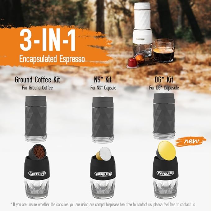 Portable Coffee Maker,3 in 1 Manual Espresso Machine,Compatible with Nes Original Capsule, DG Pods & Ground Coffee,Suitable for Hiking,Fishing,Camping,Backpacking or Gift for beginner