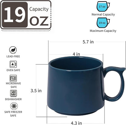 Large Coffee Mugs Set of 4, 19 oz Stackable Ceramic Coffee Mug, Coffee Cups with Large Handle for Latte, Cappuccino, Milk, Tea, Dishwasher & Microwave Safe, Ideal Gift for Men, Women - Blue