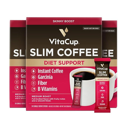 VitaCup Slim Instant Coffee Packets, with Garcinia, Fiber, B Vitamins, Skinny Coffee, Bold & Smooth, Medium Dark Roast, 100% Arabica Coffee in Single Serve Sticks, 72 Ct