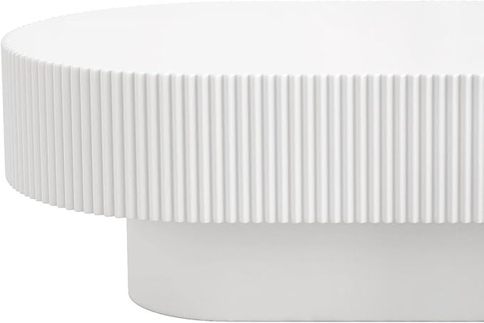 43.3 Inch Oval Drum Coffee Table, Modern Handcraft Fluted Drum Coffee Table, Wooden Oval Center Table Cocktail Table with Stable Pedestal for Living Room Apartment (White)