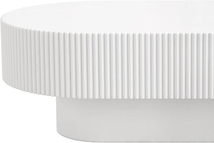 43.3 Inch Oval Drum Coffee Table, Modern Handcraft Fluted Drum Coffee Table, Wooden Oval Center Table Cocktail Table with Stable Pedestal for Living Room Apartment (White)