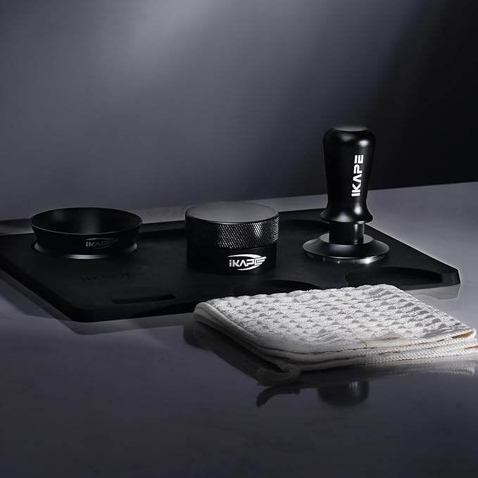 IKAPE 58MM Espresso Tamper Kit Black 6 IN 1, Coffee Tamper Set Including Tamper, Distributor, Magnetic Dosing Funnel, Silicone Mat, Puck Screen, and Cleaning Towel