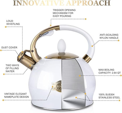 SUSTEAS Stove Top Whistling Tea Kettle - Food Grade Stainless Steel Teakettle Teapot with Cool Touch Ergonomic Handle, With 1 Silicone Pinch Mitt Included, 2.64 Quart(WHITE)