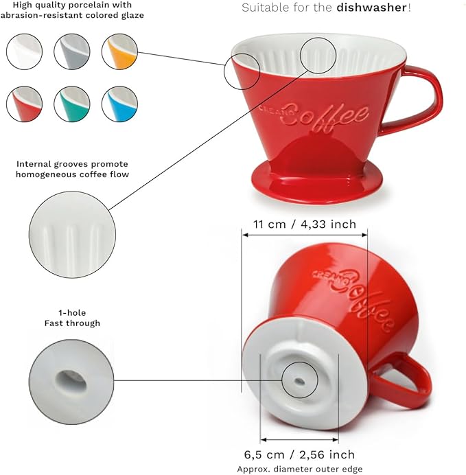 Creano XXL Porcelain Coffee Dripper Saffron - Ceramic Cone Brewer - Pour Over Coffee Maker - Filter Size 4 - huge and heavy quality 800gr/28oz - 6 Colours availeble