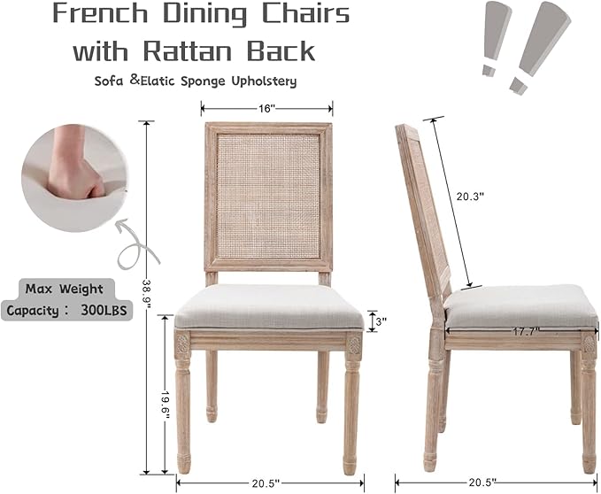 CIMOTA Farmhouse Dining Chairs Set of 8, French Rattan Dining Room Chairs with Rectangle Back/Distressed Wood Upholstered Vintage Side Chairs for Kitchen/Restaurant, Linen Beige/8PCS