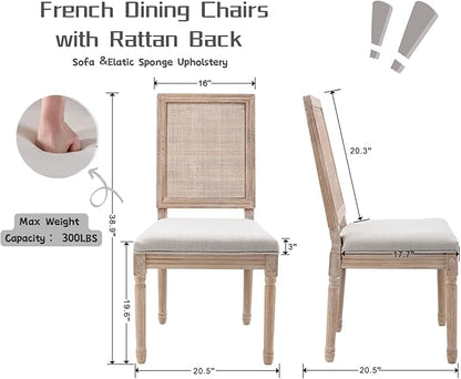 CIMOTA Farmhouse Dining Chairs Set of 8, French Rattan Dining Room Chairs with Rectangle Back/Distressed Wood Upholstered Vintage Side Chairs for Kitchen/Restaurant, Linen Beige/8PCS
