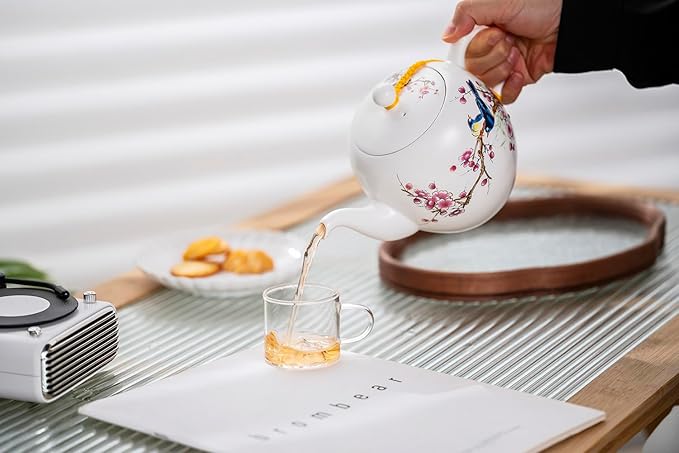 Teapot with Infuser Ceramic Tea Pot with Removable Stainless Steel Fliter for Loose Tea 15.80 OZ/450ml (1-2cups) Teapots for Tea Coffee Milk for Office Home Men Women White(Magpie)