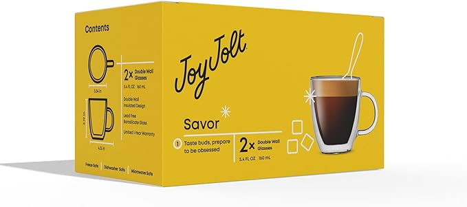 JoyJolt Savor Double Wall Insulated Glasses Espresso Mugs (Set of 2) - 5.4-Ounces