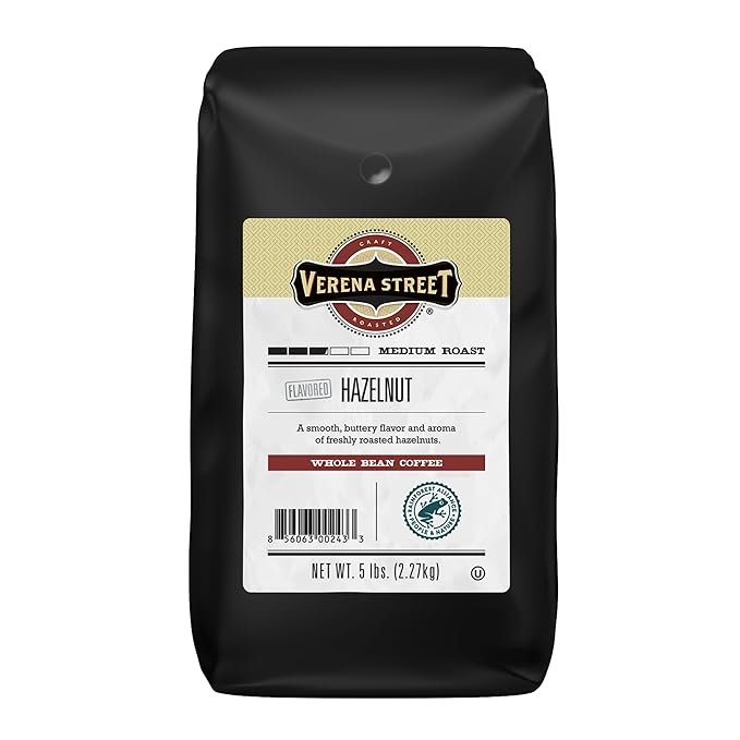 Verena Street 5 Pound Flavored Whole Bean Coffee, Hazelnut, Medium Roast, Rainforest Alliance Certified Arabica Coffee