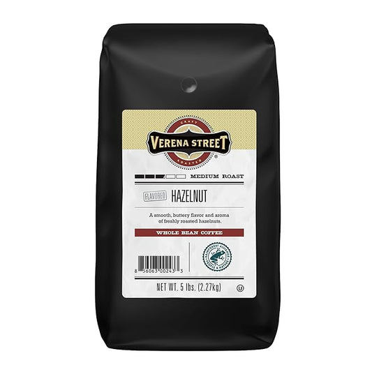 Verena Street 5 Pound Flavored Whole Bean Coffee, Hazelnut, Medium Roast, Rainforest Alliance Certified Arabica Coffee