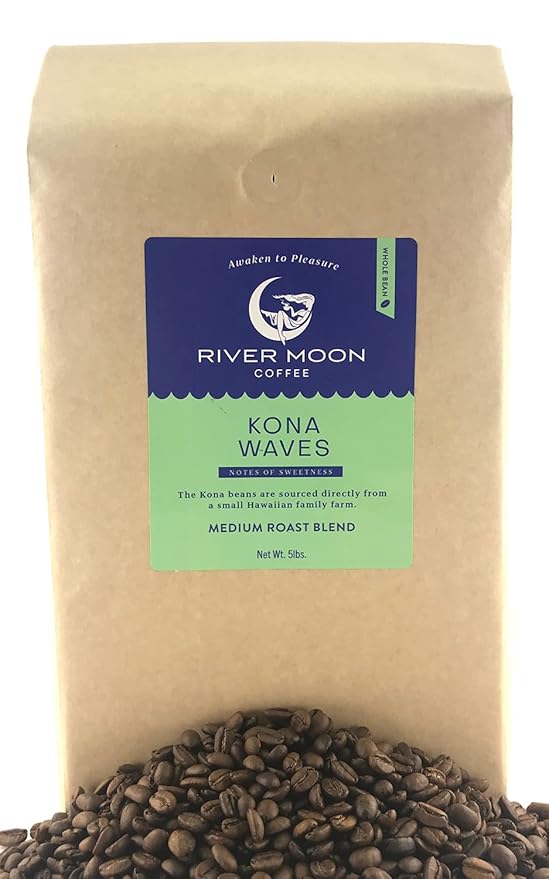 River Moon Coffee, Kona Coffee Whole Bean, Medium Roast, 5 lbs, Kona Waves Hawaiian Blend, Sustainably Farmed, 100% Arabica