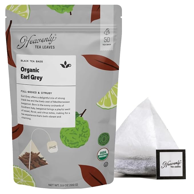 Heavenly Tea Leaves Organic Earl Grey (50 Pyramid Tea Bags), Bulk Compostable Black Tea Sachet - 100% Plastic Free, Premium Quality, Whole Tea Leaves in a Convenient Tea Bag