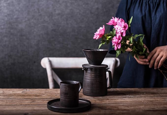 Stoneware Handmade Pour Over Coffee Maker Set, Ceramic Coffee Brewer Hand Drip Cone Dripper & Coffee Pot Microwaveable Decanter, Retro Metallic Glaze, 16oz