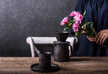 Stoneware Handmade Pour Over Coffee Maker Set, Ceramic Coffee Brewer Hand Drip Cone Dripper & Coffee Pot Microwaveable Decanter, Retro Metallic Glaze, 16oz