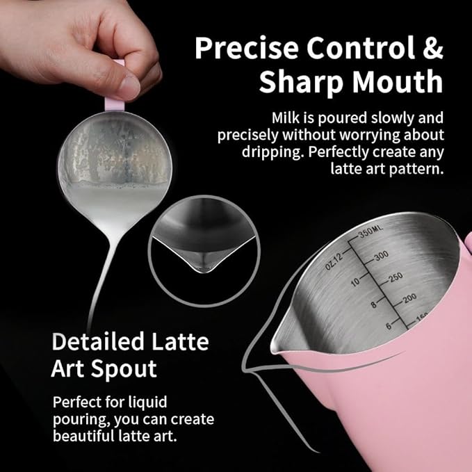 watchget Stainless Steel Milk Frothing Pitcher 12oz/350ml - Espresso Steaming Pitcher for Cappuccino, Latte Art, Coffee Machine Accessories Milk Jug Coffee Frother Cup, Pink