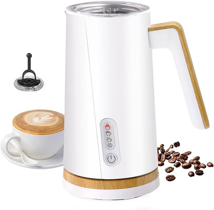Electric Milk Frother and Steamer, 4-in-1 Milk Steamer with Wood Elements Design, Automatic Hot & Cold Foam Maker for Latte, Cappuccinos, Macchiato, Milk Warmer, Black (white)
