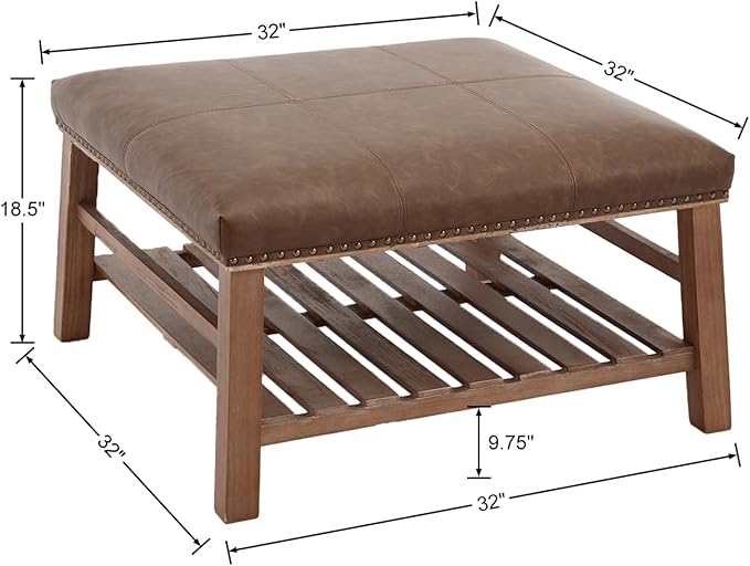 Kmax 32-Inch Dark Brown Faux Leather Coffee Table Large Square Ottoman Foot Rest Stool Upholstered Coffee Table with Wooden Shelf Storage for Living Room Office