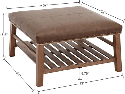 Kmax 32-Inch Dark Brown Faux Leather Coffee Table Large Square Ottoman Foot Rest Stool Upholstered Coffee Table with Wooden Shelf Storage for Living Room Office