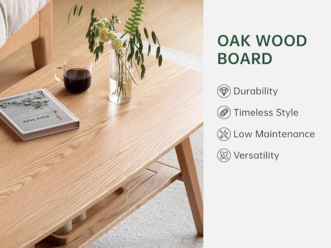 100% Solid Wood Coffee Table for Living Room, 47.24" Mid Century Modern Tables with Shelf Storage, 2-Tier Coffee Table with Rounded Corners (Oak Wood Log Color, 47.24" L)