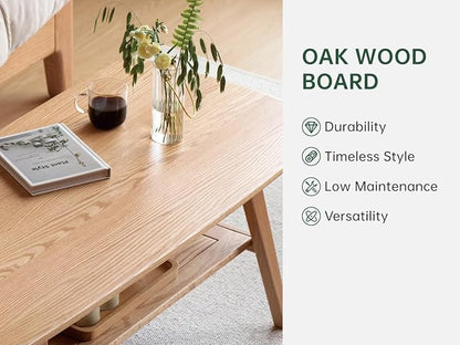 100% Solid Wood Coffee Table for Living Room, 47.24" Mid Century Modern Tables with Shelf Storage, 2-Tier Coffee Table with Rounded Corners (Oak Wood Log Color, 47.24" L)