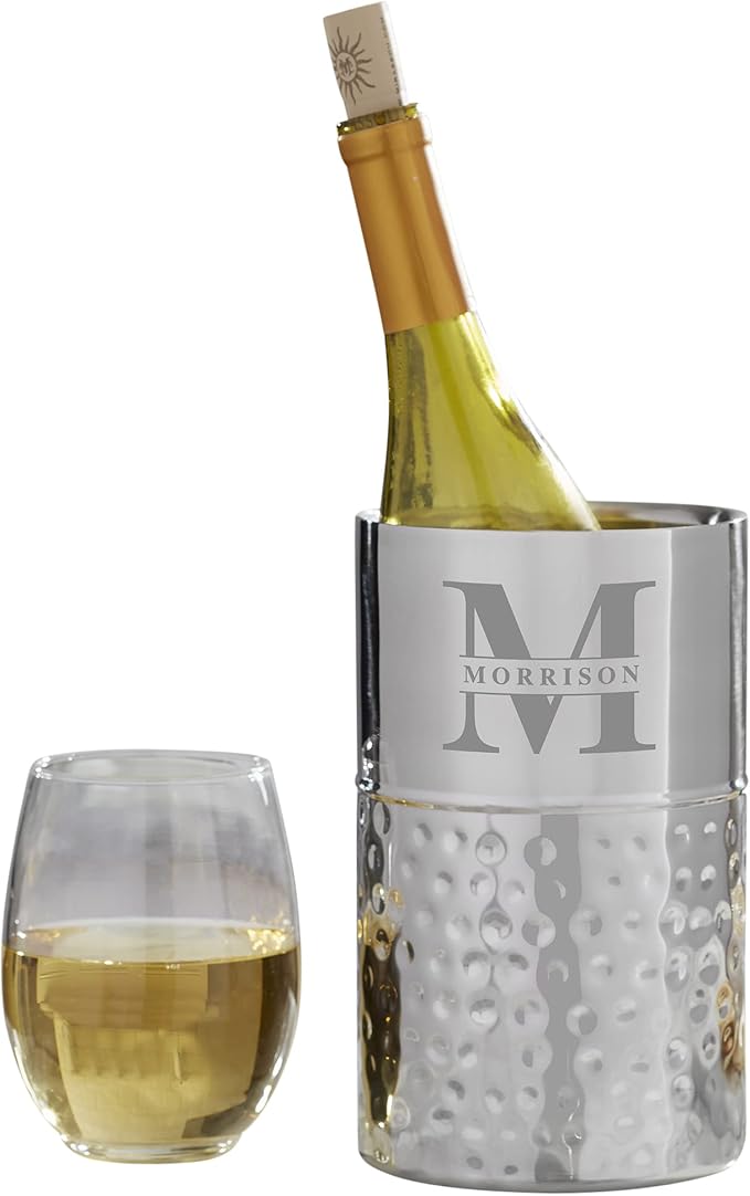 Personalization Universe Lavish Last Name Personalized Wine Chiller - Custom Engraved, Double-Walled Insulated, Stainless Steel Wine Cooler with Hand-Hammered Detail, Ideal for Wine Lovers