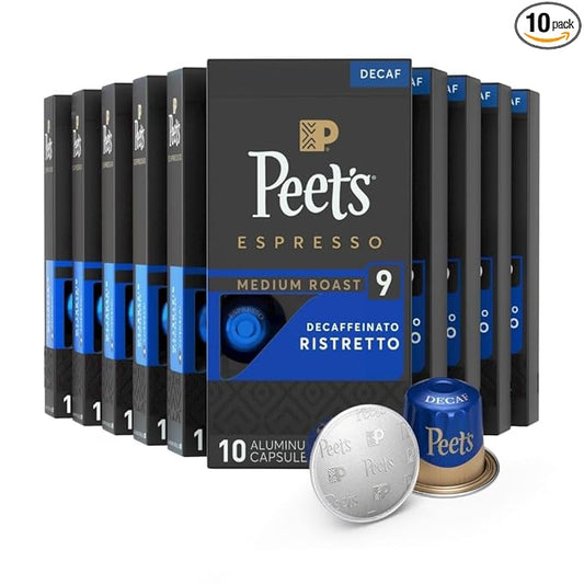 Peet's Coffee, Medium Roast Decaf Espresso Capsules, Compatible with Nespresso Original Machine - Decaf Ristretto Intensity 10, 100 Count (10 Boxes of 10 Espresso Capsules)