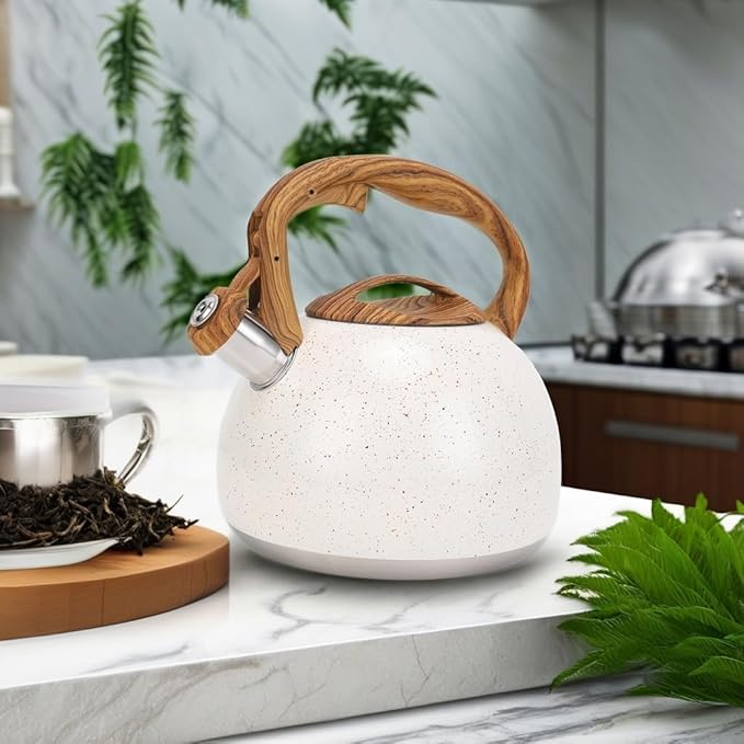Tea Kettle, Vegoran 100 OZ / 3 Liter Whistling Tea Kettle, Tea Pots for Stove Top Food Grade Stainless Steel with Wood Pattern Folding Handle, Loud Whistle Kettle for Tea, Coffee, Milk (B-White)