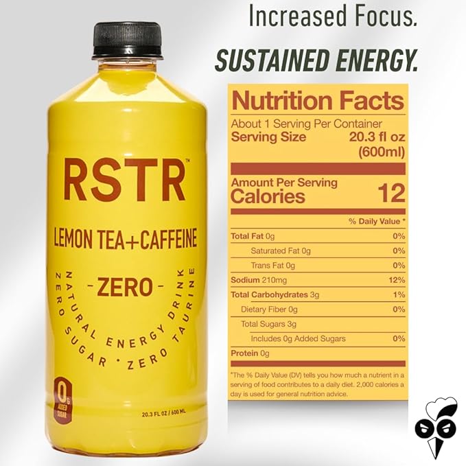 RSTR Lemon Tea 12 Pack – Healthy Energy Drink with 210mg Natural Caffeine – Zesty Iced Tea with Zero Added Sugar – Bottled Tea for Focus & Performance