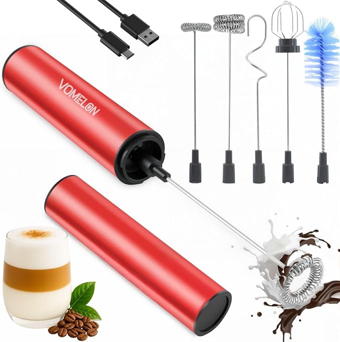 Rechargeable Milk Frother Handheld Electric Frother Wand Milk Foamer Drink Mixer for Coffee, Lattes, Cappuccino, and Egg, Stainless Steel for Travel-Rube Red