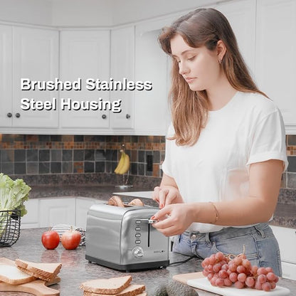 Toaster 2 Slice, Extra Wide Slot Toaster for Bagels, Bread, Waffles, 7 Shade Settings, 4 Main Functions, Removable Crumb Tray, 900 Watts Toasters, Brushed Stainless Steel