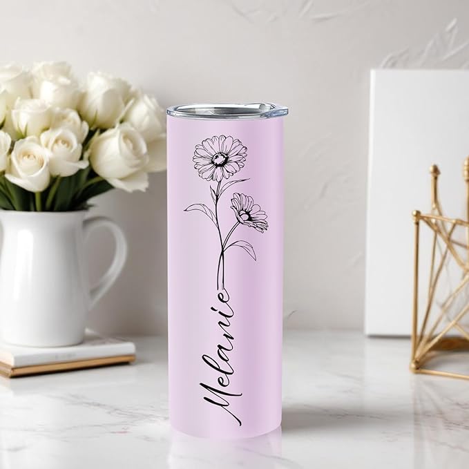 Personalized 20 Oz Stainless Steel Skinny Tumblers with Birth Flower & Name, 24 Colors - Perfect for Birthdays, Anniversaries, and More