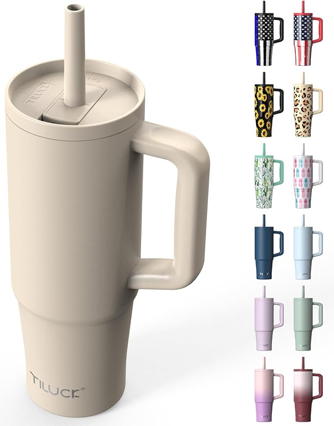 TILUCK 30 oz Tumbler with Handle, Vacuum Insulated Stainless Steel Travel Mug with 100% Leak-Proof Silicone Straw Lid, Cupholder Friendly Water Bottle(MistyGray, 30oz)