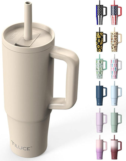 TILUCK 30 oz Tumbler with Handle, Vacuum Insulated Stainless Steel Travel Mug with 100% Leak-Proof Silicone Straw Lid, Cupholder Friendly Water Bottle(MistyGray, 30oz)