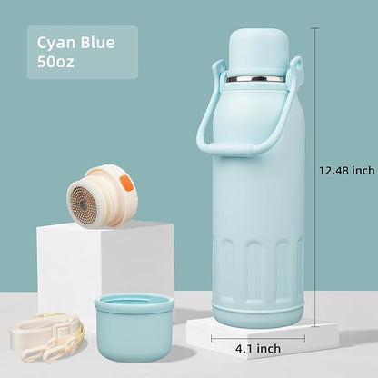 Insulated Water Bottle with Handle and Strap,Vacuum Travel Tumbler with Cup Lid,Thermo Coffee Cup for Hot Cold Drinks 50 OZ,Cyan Blue