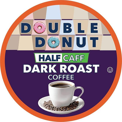 Double Donut Half Caff Dark Roast Coffee Pods, Dark Roast Coffee, Compatible with Keurig K Cups Brewers 72 ct