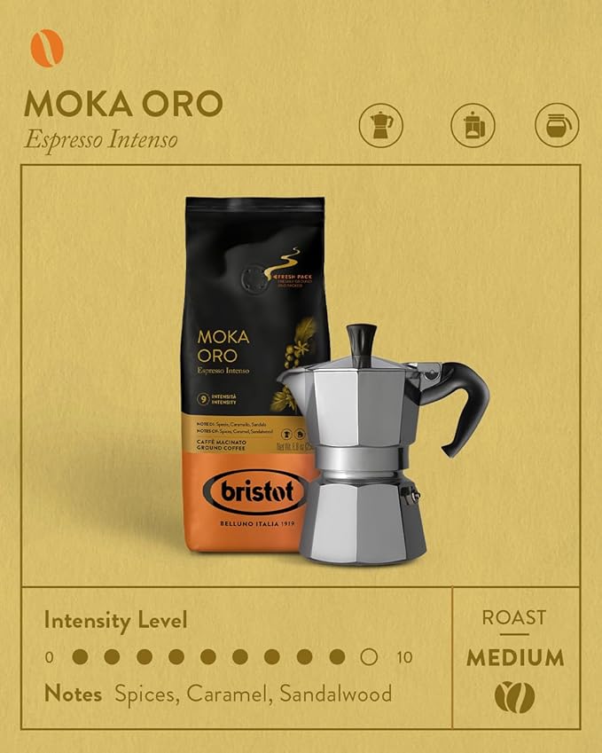 Bristot Moka Oro Ground Coffee | Italian Ground Espresso | Medium Roast | For Moka, French Press, Pour Over | 8.8oz/250g (Pack of 2)