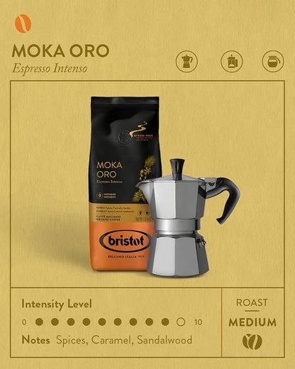 Bristot Moka Oro Ground Coffee – Italian Espresso – Medium Roast – Notes of Spices, Caramel & Sandalwood – For Moka, French Press, Pour Over – 8.8oz (250g)