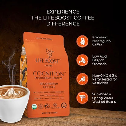 Lifeboost Cognition Decaf Mushroom Coffee - Low Acid Decaf Medium Organic Coffee with Lions Mane & Chaga Mushrooms - Increase Energy, Boost Focus & Immune Support - 12 oz Bag - Ground
