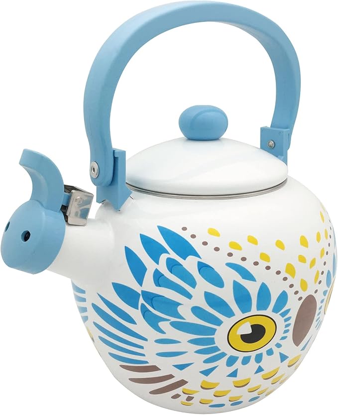 UPware Enamel on Steel Whistling Tea Kettle, Stovetop Teakettle (2.1 Quart, Owl)