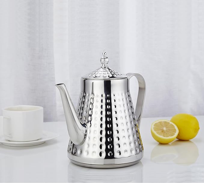 SANQIAHOME 1.6L(54oz) Stainless Steel Hammer Patterned Teapot With Removeable Infuser,Loose leaf cover,Silver