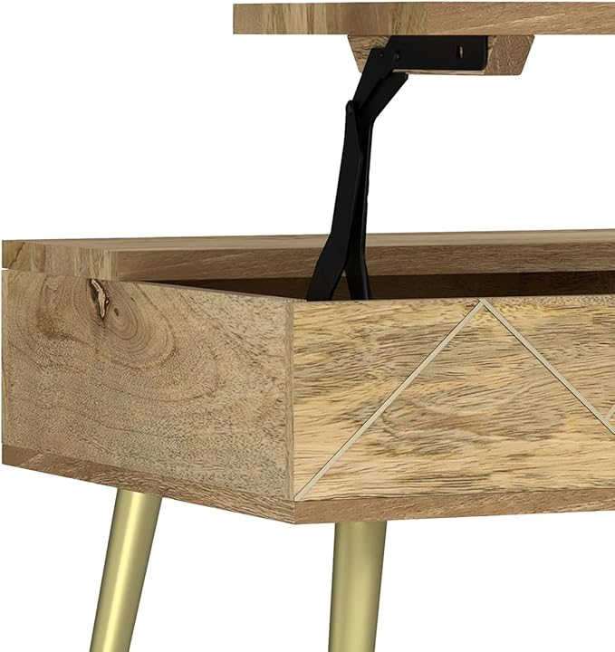 SIMPLIHOME Jager Lift Top Coffee Table - 36 inch Wide Solid Mango Wood Contemporary Modern Cocktail Table in Natural, Stylish Living Room Table with Hidden Storage, Brass Inlay, and Gold Metal Legs
