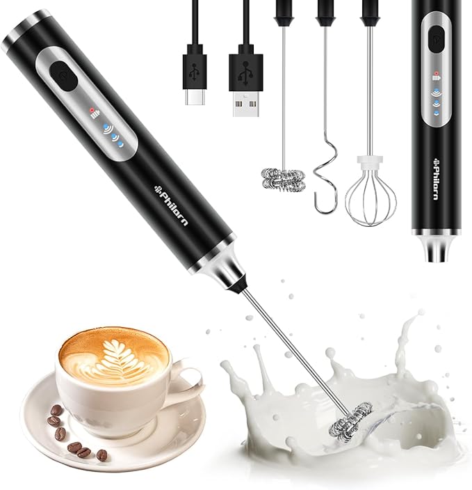Philorn Milk Frother Wand Rechargeable, Handheld Coffee Drink Mixer Frother Foam Maker with 3 Heads 3 Speed for Lattes, Cappuccino, Frappe, Matcha, Hot Chocolate Egg Black (Black)