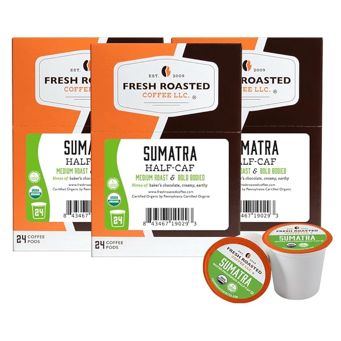 Fresh Roasted Coffee, Organic Sumatra Water-Processed Half-Caf | 100% Single Origin, USDA Organic, Kosher | Medium Roast K-Cup Compatible | 72 Pods